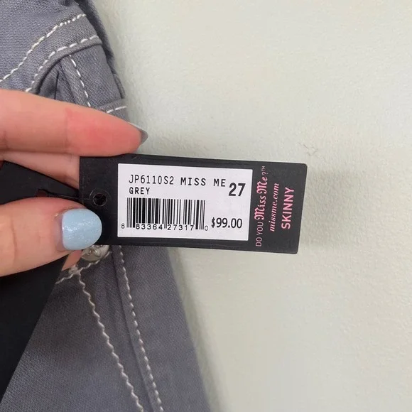 NWT Miss Me Jeans Skinny Grey JP611052 Women's Size 27 Embellished Pockets